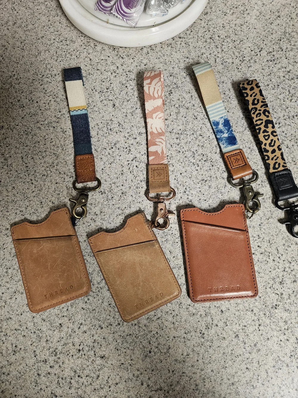 Thread Wallets Patterned Card Lanyard Wallets in Blue, Coral, Tan & Leopard